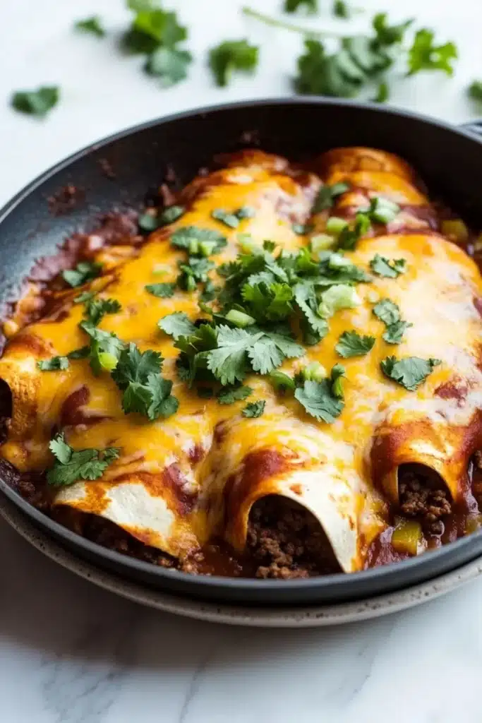 Skillet beef enchiladas - the image shows a black cast iron skillet filled with enchiladas. the enchillas are covered in melted cheese and garnished with fresh cilantro. the skillet is sitting on a white marble countertop. the background is blurred, but it appears to be a kitchen countertop with more cilantro scattered around.
