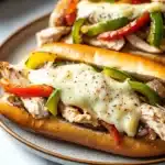 Skillet chicken cheesesteak - the image shows two hot dogs on a plate. the hot dogs are made with a toasted bun and are topped with shredded chicken, sliced red and green bell peppers, and melted cheese. the chicken appears to be seasoned with herbs and spices, and the peppers are bright red and yellow. the plate is white with a brown rim. the background is blurred, but it seems to be a kitchen countertop.