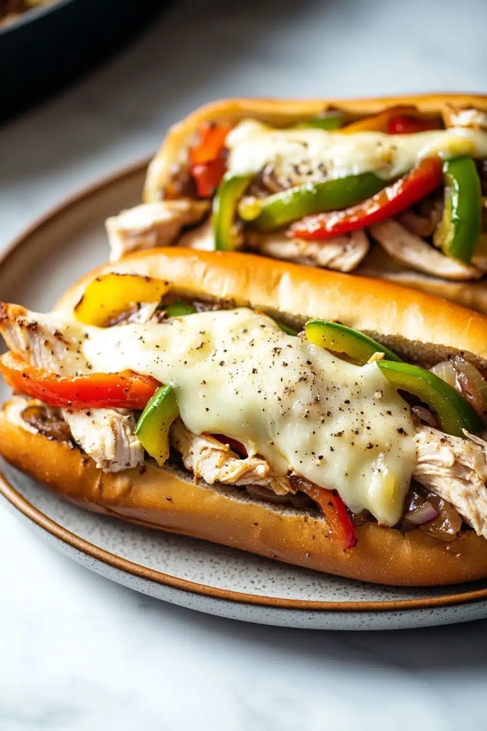 Skillet chicken cheesesteak - the image shows two hot dogs on a plate. the hot dogs are made with a toasted bun and are topped with shredded chicken, sliced red and green bell peppers, and melted cheese. the chicken appears to be seasoned with herbs and spices, and the peppers are bright red and yellow. the plate is white with a brown rim. the background is blurred, but it seems to be a kitchen countertop.