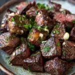 Skillet garlic steak bites - the image shows a plate of cooked steak on a wooden table. the steak appears to be medium-rare and has a dark brown color with a glossy sheen. it is garnished with chopped parsley and pine nuts, giving it a fresh and appetizing appearance. the plate is made of ceramic and has an orange rim. the background is blurred, making the steak the focal point of the image.