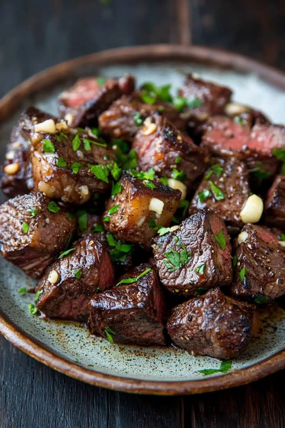 Skillet garlic steak bites - the image shows a plate of cooked steak on a wooden table. the steak appears to be medium-rare and has a dark brown color with a glossy sheen. it is garnished with chopped parsley and pine nuts, giving it a fresh and appetizing appearance. the plate is made of ceramic and has an orange rim. the background is blurred, making the steak the focal point of the image.