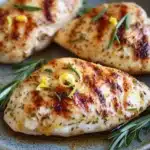 Skillet lemon rosemary chicken - the image shows three pieces of grilled chicken breasts on a gray plate. the chicken breasts are golden brown and appear to be seasoned with herbs and lemon zest. the plate is garnished with a sprig of rosemary. the background is dark, making the chicken breasts stand out.