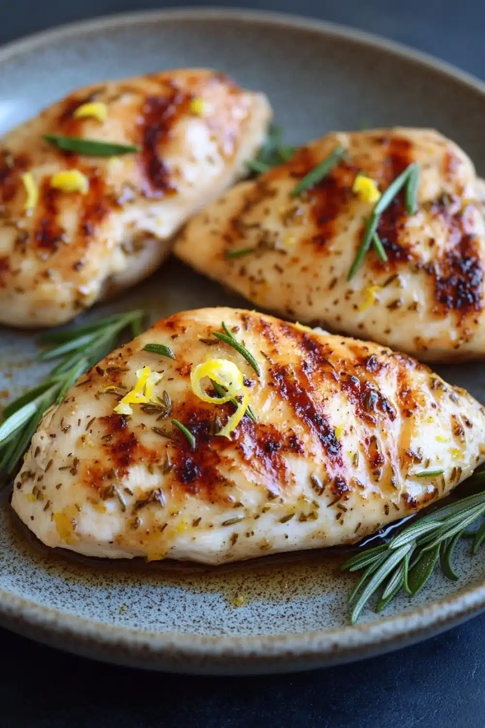 Skillet lemon rosemary chicken - the image shows three pieces of grilled chicken breasts on a gray plate. the chicken breasts are golden brown and appear to be seasoned with herbs and lemon zest. the plate is garnished with a sprig of rosemary. the background is dark, making the chicken breasts stand out.