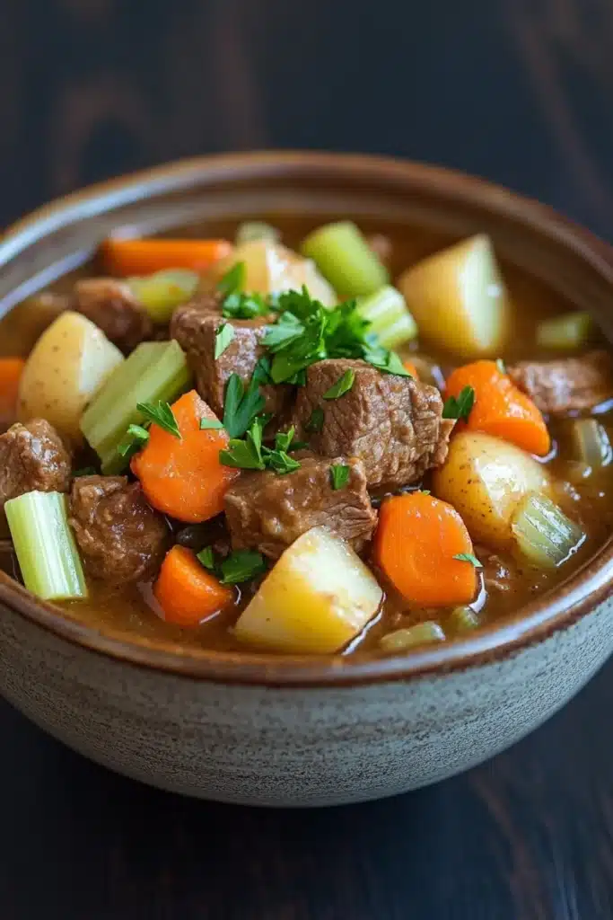 Slow cooker beef and vegetables stew - the image is a close-up of a bowl of beef stew. the bowl is made of ceramic and is sitting on a dark wooden table. the stew is a rich brown color and appears to be made with chunks of beef, carrots, potatoes, celery, and other vegetables. there is a sprig of parsley on top of the stew, adding a pop of green color to the dish. the broth is thick and thick, and the vegetables are cooked to perfection. the overall appearance is hearty and hearty.
