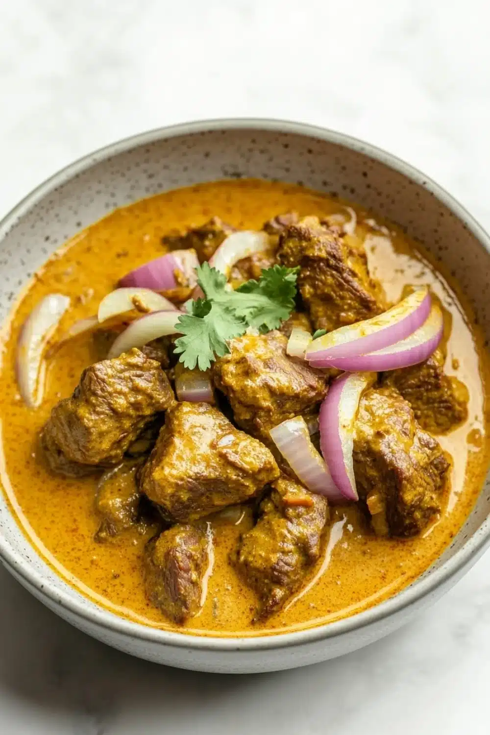 Slow cooker beef korma curry - the image is a close-up of a bowl of indian curry. the curry is a rich orange color and appears to be made with chunks of meat and vegetables. the meat is cooked in a tomato-based sauce and is garnished with sliced red onions and a sprig of cilantro. the bowl is white with a speckled pattern and is sitting on a white marble countertop.
