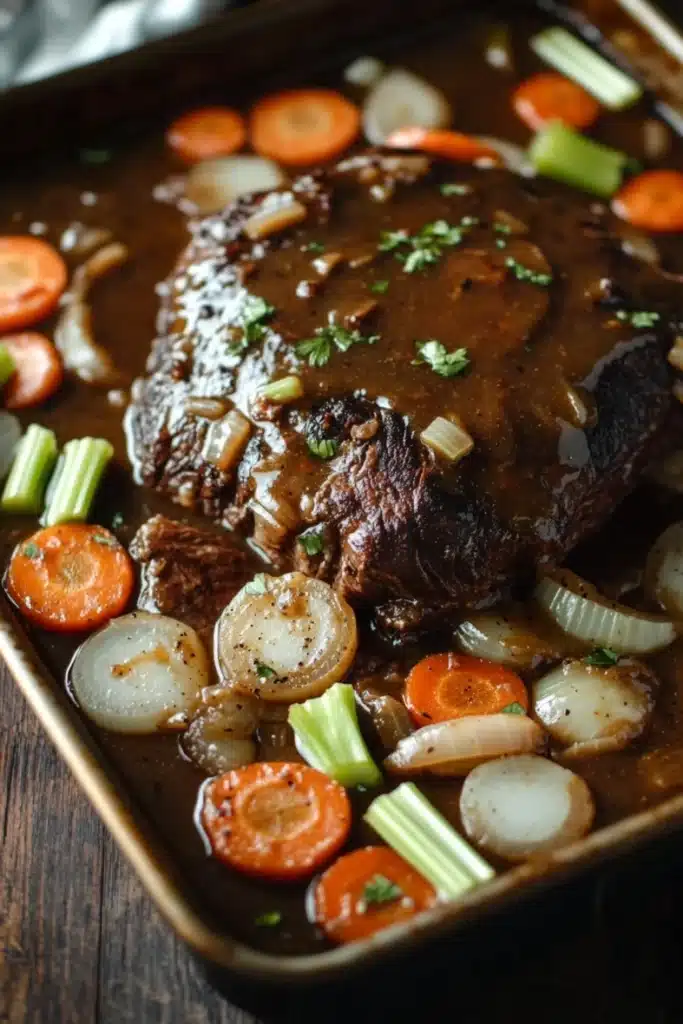 Slow cooker beef roast and gravy - the image shows a rectangular baking tray filled with a dish of beef stew. the beef is cooked medium-rare and is covered in a rich, dark brown sauce. the sauce is drizzled over the top of the beef and is garnished with chopped parsley. there are also sliced carrots, celery, and onions scattered throughout the dish. the tray is sitting on a wooden table with a white cloth napkin in the background.