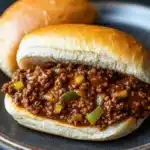 Slow cooker beef sloppy joes - the image shows a close-up of a sloppy joe sandwich on a black plate. the sandwich is made with a white bread roll and is filled with a mixture of ground beef, diced green bell peppers, and diced onions. the beef appears to be cooked and has a rich, dark brown color. the plate is sitting on a dark, textured surface. in the background, there is another sandwich visible.