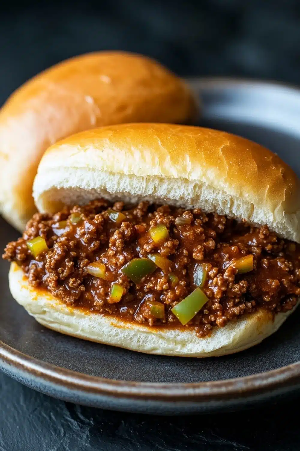 Slow cooker beef sloppy joes - the image shows a close-up of a sloppy joe sandwich on a black plate. the sandwich is made with a white bread roll and is filled with a mixture of ground beef, diced green bell peppers, and diced onions. the beef appears to be cooked and has a rich, dark brown color. the plate is sitting on a dark, textured surface. in the background, there is another sandwich visible.