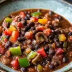 Slow cooker black bean mushroom chili - the image is a close-up of a bowl of chili. the chili is a rich, dark brown color and appears to be made with black beans, diced vegetables, and mushrooms. the vegetables are bright red and yellow, and they are arranged in a circular pattern around the bowl. the bowl is made of ceramic and has a light blue rim. the background is dark, making the chili stand out.