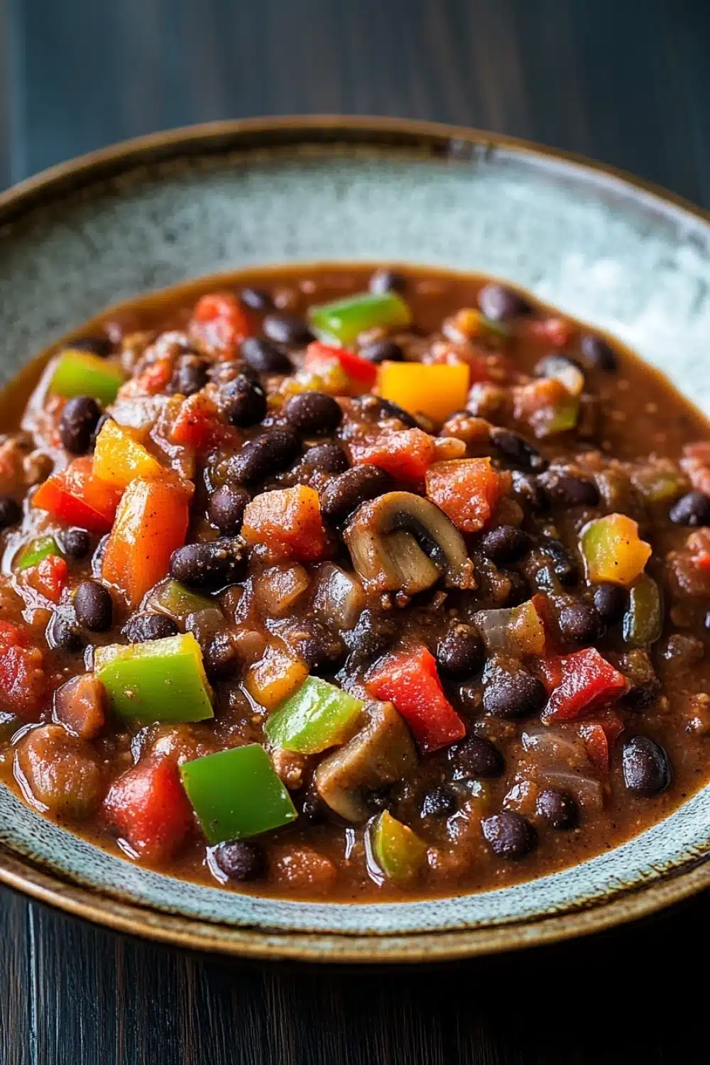 Slow cooker black bean mushroom chili - the image is a close-up of a bowl of chili. the chili is a rich, dark brown color and appears to be made with black beans, diced vegetables, and mushrooms. the vegetables are bright red and yellow, and they are arranged in a circular pattern around the bowl. the bowl is made of ceramic and has a light blue rim. the background is dark, making the chili stand out.