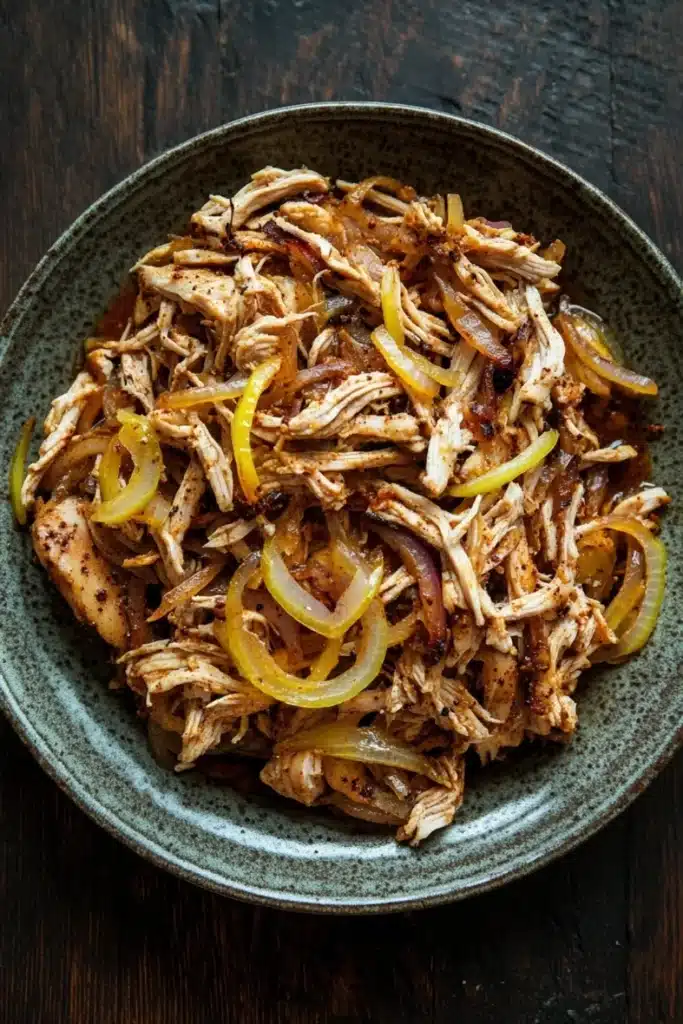 Slow cooker chicken carnitas - the image is a close-up of a plate of food. the plate is made of a dark green ceramic bowl with a textured surface. the food appears to be a dish made with shredded chicken, sliced onions, and yellow bell peppers. the chicken is cooked until tender and the onions are sliced into thin strips. the bell peppers are bright yellow and appear to be seasoned with herbs and spices. the dish is garnished with a sprinkle of sesame seeds. the background is a dark wooden table.