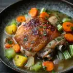 Slow cooker chicken in broth - the image is a close-up of a dish in a black bowl. the dish appears to be a stew or stew with chunks of chicken, carrots, celery, and potatoes. the chicken is cooked to a golden brown color and is garnished with chopped herbs. the vegetables are cut into small cubes and are scattered throughout the dish. the broth is a light beige color and looks thick and creamy. the bowl is sitting on a dark wooden table.