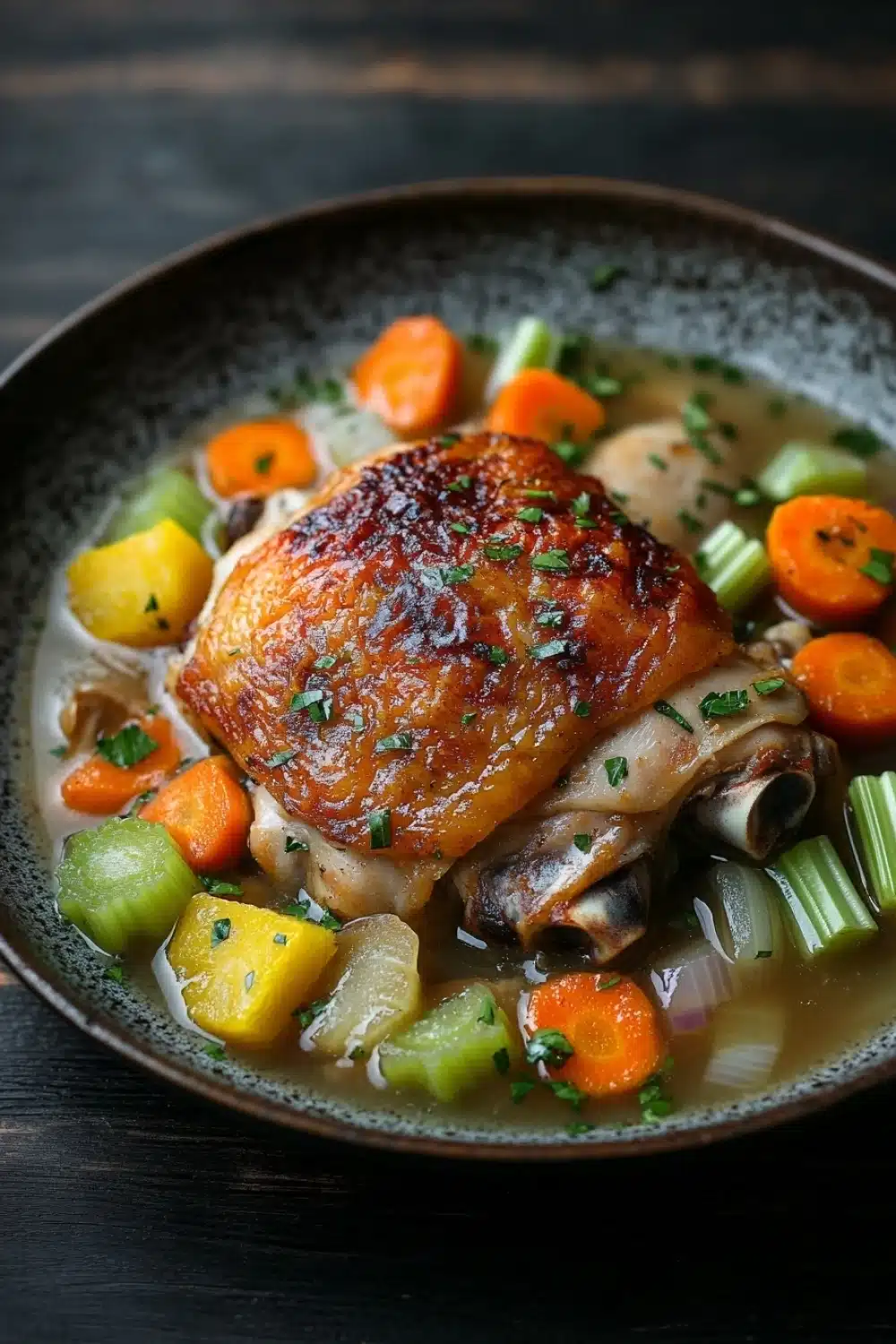 Slow cooker chicken in broth - the image is a close-up of a dish in a black bowl. the dish appears to be a stew or stew with chunks of chicken, carrots, celery, and potatoes. the chicken is cooked to a golden brown color and is garnished with chopped herbs. the vegetables are cut into small cubes and are scattered throughout the dish. the broth is a light beige color and looks thick and creamy. the bowl is sitting on a dark wooden table.