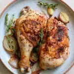 Slow cooker chicken quarters - the image shows a plate of food with two whole chicken breasts on it. the chicken breasts are golden brown and appear to be seasoned with herbs and spices. the plate is light blue with a speckled pattern and is placed on a wooden table. on the side of the plate, there are sliced onions and a sprig of rosemary. the onions are cut into thin slices and are arranged in a circular pattern around the chicken breasts. the rosemary sprig adds a pop of green color to the dish.