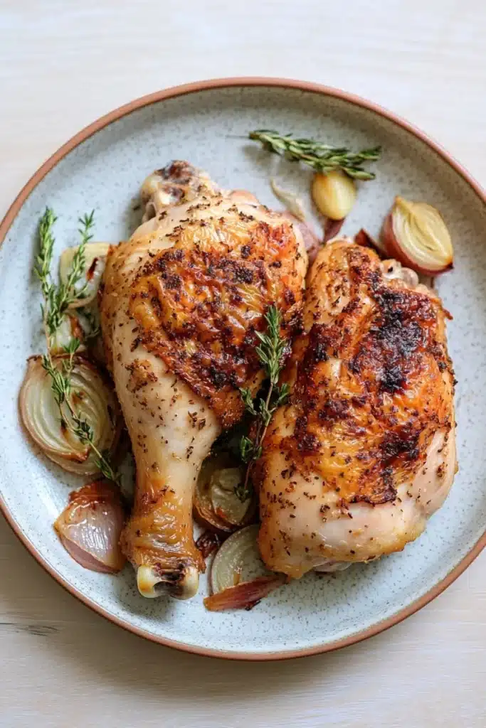Slow cooker chicken quarters - the image shows a plate of food with two whole chicken breasts on it. the chicken breasts are golden brown and appear to be seasoned with herbs and spices. the plate is light blue with a speckled pattern and is placed on a wooden table. on the side of the plate, there are sliced onions and a sprig of rosemary. the onions are cut into thin slices and are arranged in a circular pattern around the chicken breasts. the rosemary sprig adds a pop of green color to the dish.