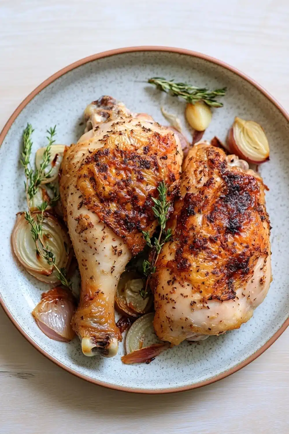 Slow cooker chicken quarters - the image shows a plate of food with two whole chicken breasts on it. the chicken breasts are golden brown and appear to be seasoned with herbs and spices. the plate is light blue with a speckled pattern and is placed on a wooden table. on the side of the plate, there are sliced onions and a sprig of rosemary. the onions are cut into thin slices and are arranged in a circular pattern around the chicken breasts. the rosemary sprig adds a pop of green color to the dish.