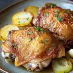 Slow cooker chicken thighs - the image shows a plate of roasted chicken with potatoes and onions. the chicken is golden brown and appears to be seasoned with herbs and spices. the potatoes are cut into small cubes and are arranged around the plate. the onions are sliced and arranged in a circular pattern around the chicken. the plate is made of a light-colored ceramic or porcelain material and is placed on a dark wooden table. the overall presentation of the dish is elegant and appetizing.
