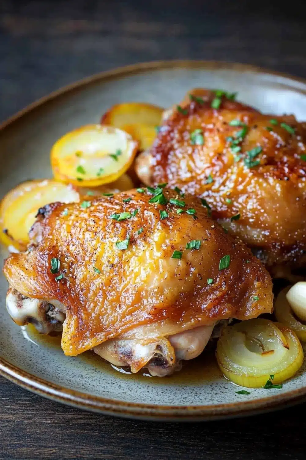 Slow cooker chicken thighs - the image shows a plate of roasted chicken with potatoes and onions. the chicken is golden brown and appears to be seasoned with herbs and spices. the potatoes are cut into small cubes and are arranged around the plate. the onions are sliced and arranged in a circular pattern around the chicken. the plate is made of a light-colored ceramic or porcelain material and is placed on a dark wooden table. the overall presentation of the dish is elegant and appetizing.
