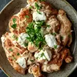 Slow cooker chicken with cream cheese - the image is a close-up of a plate of food. the plate is round and has a light brown color with a speckled texture. on top of the plate, there are several pieces of grilled chicken, which are golden brown and appear to be seasoned with herbs and spices. the chicken is garnished with a sprig of fresh parsley. the dish is served on a dark grey textured surface.