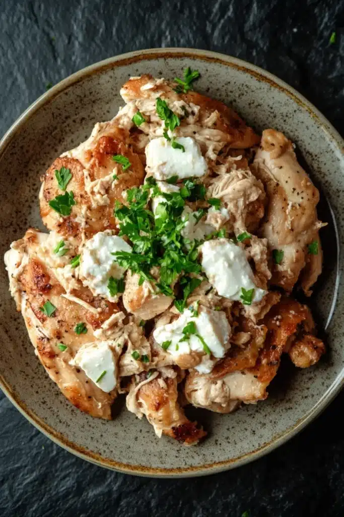 Slow cooker chicken with cream cheese - the image is a close-up of a plate of food. the plate is round and has a light brown color with a speckled texture. on top of the plate, there are several pieces of grilled chicken, which are golden brown and appear to be seasoned with herbs and spices. the chicken is garnished with a sprig of fresh parsley. the dish is served on a dark grey textured surface.