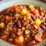 Slow cooker chili without beans - the image is a close-up of a bowl of chili. the chili appears to be made with ground beef, diced tomatoes, and red beans. the beef is cooked to a golden brown color and the tomatoes are bright red. the beans are scattered throughout the chili, adding a pop of color to the dish. the bowl is made of ceramic and has a brown rim. the background is blurred, but it seems to be a wooden table.