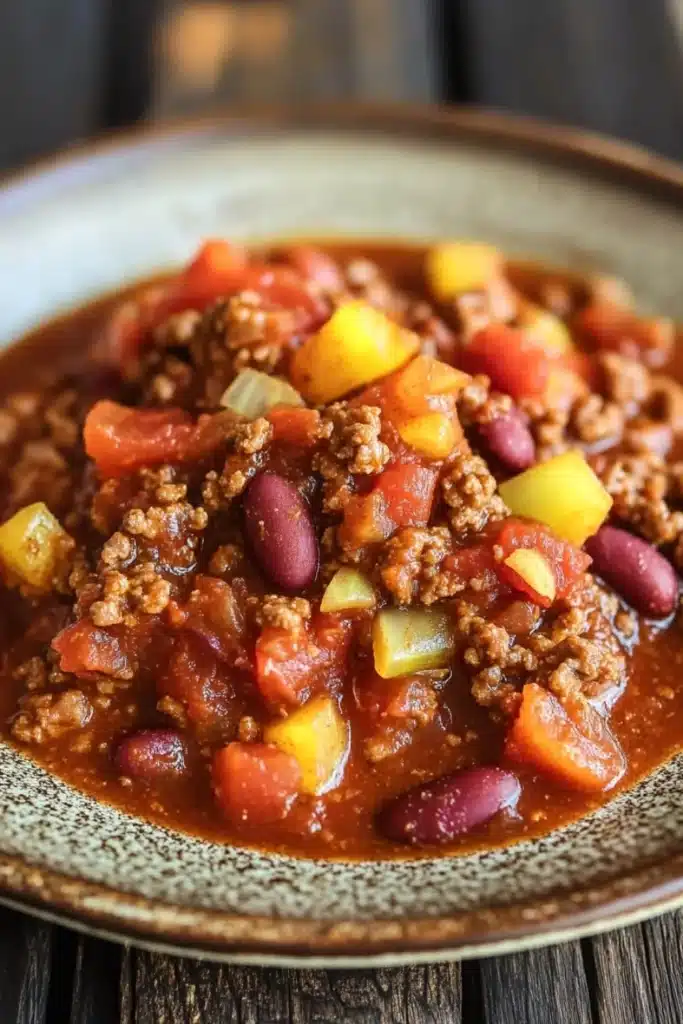 Slow cooker chili without beans - the image is a close-up of a bowl of chili. the chili appears to be made with ground beef, diced tomatoes, and red beans. the beef is cooked to a golden brown color and the tomatoes are bright red. the beans are scattered throughout the chili, adding a pop of color to the dish. the bowl is made of ceramic and has a brown rim. the background is blurred, but it seems to be a wooden table.