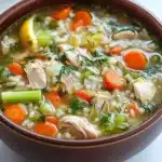 Slow cooker greek lemon chicken and rice soup - the image is a close-up of a bowl of soup. the soup appears to be a vegetable soup with chunks of chicken, carrots, celery, and other vegetables mixed in. the bowl is made of brown ceramic and is sitting on a white marble countertop. there are a few sprigs of parsley scattered around the bowl. the background is blurred, but it seems to be an indoor setting with a white tablecloth.