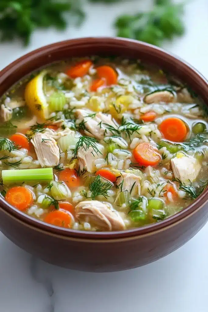 Slow cooker greek lemon chicken and rice soup - the image is a close-up of a bowl of soup. the soup appears to be a vegetable soup with chunks of chicken, carrots, celery, and other vegetables mixed in. the bowl is made of brown ceramic and is sitting on a white marble countertop. there are a few sprigs of parsley scattered around the bowl. the background is blurred, but it seems to be an indoor setting with a white tablecloth.