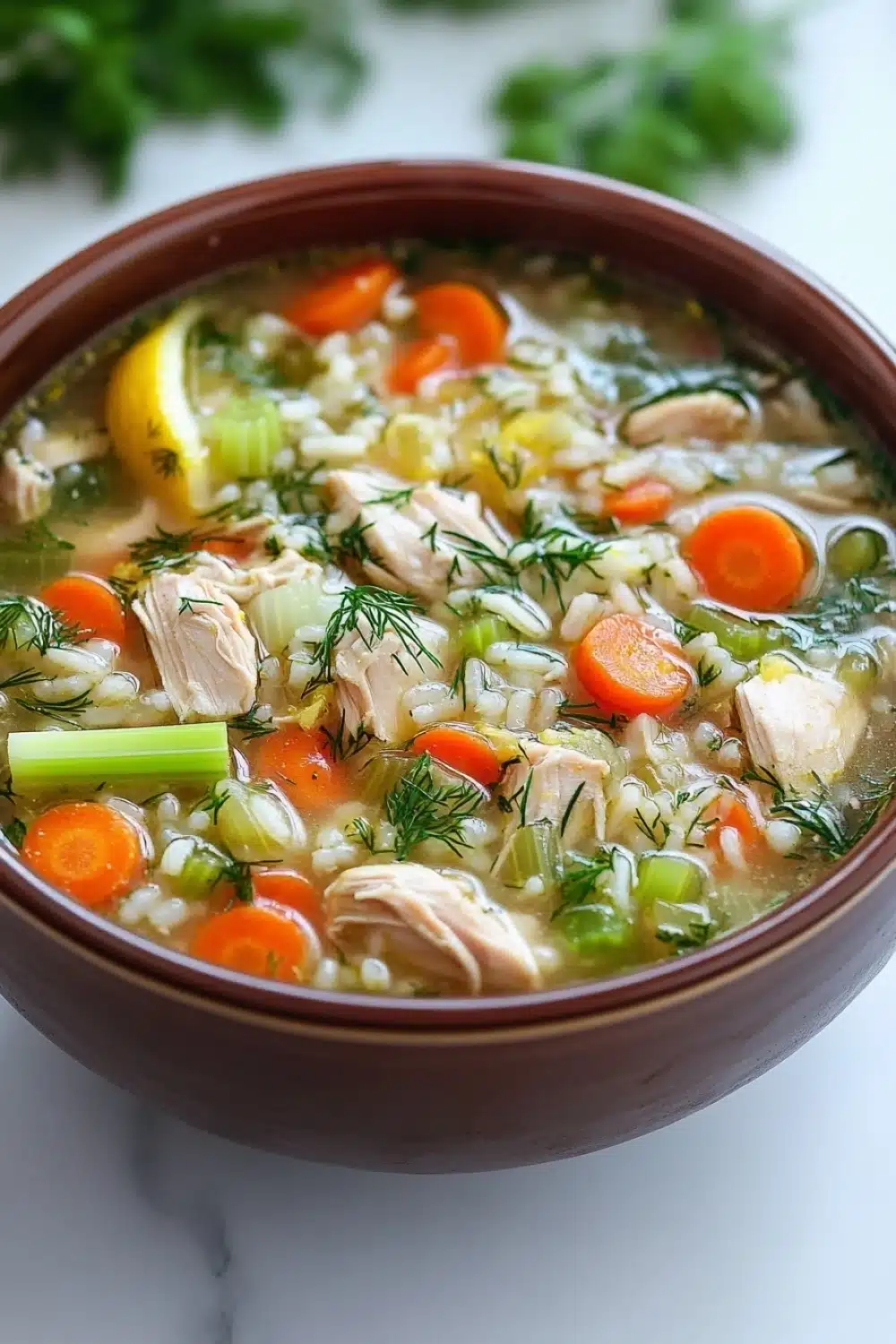 Slow cooker greek lemon chicken and rice soup - the image is a close-up of a bowl of soup. the soup appears to be a vegetable soup with chunks of chicken, carrots, celery, and other vegetables mixed in. the bowl is made of brown ceramic and is sitting on a white marble countertop. there are a few sprigs of parsley scattered around the bowl. the background is blurred, but it seems to be an indoor setting with a white tablecloth.