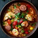 Slow cooker jambalaya soup - the image is a close-up of a bowl of soup or stew. the soup is a rich orange color and appears to be made with rice, shrimp, sausage, and vegetables. the dish is garnished with chopped parsley and there are a few sprigs of parsley scattered around the bowl. the bowl is sitting on a dark wooden table. the overall mood of the image is warm and inviting.