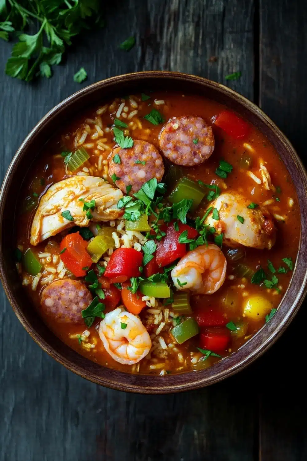 Slow cooker jambalaya soup - the image is a close-up of a bowl of soup or stew. the soup is a rich orange color and appears to be made with rice, shrimp, sausage, and vegetables. the dish is garnished with chopped parsley and there are a few sprigs of parsley scattered around the bowl. the bowl is sitting on a dark wooden table. the overall mood of the image is warm and inviting.