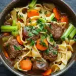 Slow cooker stew meat and noodles - the image is a close-up of a bowl of beef noodle soup. the soup is made with chunks of beef, carrots, celery, and noodles. the beef is cooked in a dark brown broth and is garnished with chopped parsley. the noodles are long and thin, and the vegetables are bright orange and green. the bowl is made of dark brown ceramic and is sitting on a dark grey surface. there are a few sprigs of parsley scattered around the bowl.