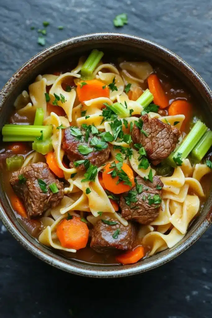 Slow cooker stew meat and noodles - the image is a close-up of a bowl of beef noodle soup. the soup is made with chunks of beef, carrots, celery, and noodles. the beef is cooked in a dark brown broth and is garnished with chopped parsley. the noodles are long and thin, and the vegetables are bright orange and green. the bowl is made of dark brown ceramic and is sitting on a dark grey surface. there are a few sprigs of parsley scattered around the bowl.