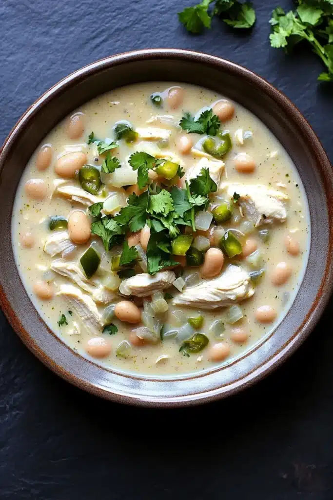 Slow cooker white chicken chili heavy cream - the image is a close-up of a bowl of soup. the soup appears to be a creamy white color with chunks of chicken and beans mixed in. the bowl is made of ceramic and has a brown rim. there are also some fresh cilantro leaves scattered on top of the soup, adding a pop of green color to the dish. the background is a dark grey countertop.