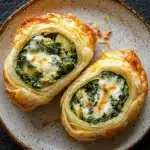 Spinach artichoke dip pinwheels - the image shows two pieces of food on a white plate with a brown rim. the food appears to be a crescent roll, which is a type of pastry that is filled with spinach and cheese. the spinach is a vibrant green color and is spread evenly over the top of the pastry. the cheese is melted and bubbly, and it looks like it has been cooked until it is golden brown. the plate is sitting on a dark grey countertop.