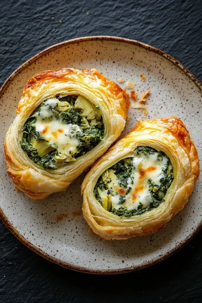Spinach artichoke dip pinwheels - the image shows two pieces of food on a white plate with a brown rim. the food appears to be a crescent roll, which is a type of pastry that is filled with spinach and cheese. the spinach is a vibrant green color and is spread evenly over the top of the pastry. the cheese is melted and bubbly, and it looks like it has been cooked until it is golden brown. the plate is sitting on a dark grey countertop.