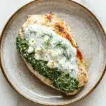Spinach stuffed chicken breast greek yogurt - the image shows a plate of food on a white marble countertop. the plate is round and has a light brown color with a speckled pattern. on top of the plate, there is a piece of grilled chicken breast covered in a creamy white sauce. the chicken breast is garnished with fresh dill leaves and crumbled feta cheese. the dish appears to be freshly cooked and ready to eat.