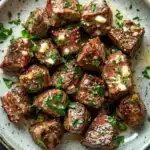 Steak bites with garlic butter stove top - the image is a close-up of a plate of food. the plate is round and has a light blue and white speckled pattern. on top of the plate, there are several pieces of cooked meat, which appear to be steak or beef tenderloin. the meat is garnished with chopped herbs and a dollop of white cheese. the dish is served on a dark grey countertop.