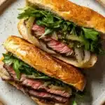 Steak sandwich with peppercorn sauce - the image shows two sandwiches on a white plate with a speckled pattern. the sandwiches are made with a long, toasted bread and are filled with a variety of ingredients. the bread is golden brown and appears to be freshly baked. on top of the bread, there is a generous amount of sliced steak, which is cooked medium-rare and has a pinkish-red color. the steak is surrounded by a bed of green arugula leaves and sliced onions. the plate is sitting on a wooden table.