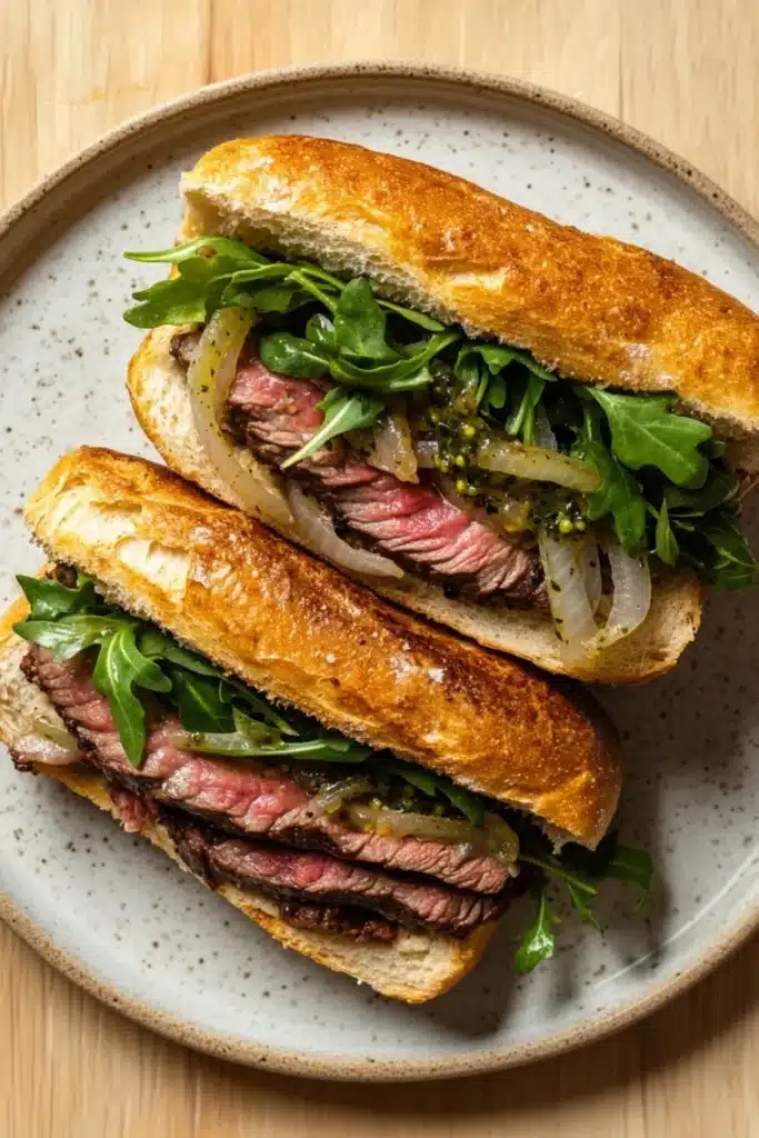 Steak sandwich with peppercorn sauce - the image shows two sandwiches on a white plate with a speckled pattern. the sandwiches are made with a long, toasted bread and are filled with a variety of ingredients. the bread is golden brown and appears to be freshly baked. on top of the bread, there is a generous amount of sliced steak, which is cooked medium-rare and has a pinkish-red color. the steak is surrounded by a bed of green arugula leaves and sliced onions. the plate is sitting on a wooden table.