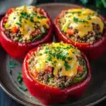 Stuffed bell peppers low fodmap - the image shows three red bell peppers on a brown plate. the peppers are stuffed with a mixture of ground beef, tomato sauce, and other ingredients. the top of the peppers is covered in melted cheese and garnished with chopped parsley. the plate is sitting on a dark wooden table with a few sprigs of parsley scattered around. the background is blurred, but it appears to be a kitchen countertop.
