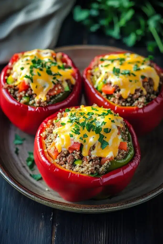 Stuffed bell peppers low fodmap - the image shows three red bell peppers on a brown plate. the peppers are stuffed with a mixture of ground beef, tomato sauce, and other ingredients. the top of the peppers is covered in melted cheese and garnished with chopped parsley. the plate is sitting on a dark wooden table with a few sprigs of parsley scattered around. the background is blurred, but it appears to be a kitchen countertop.