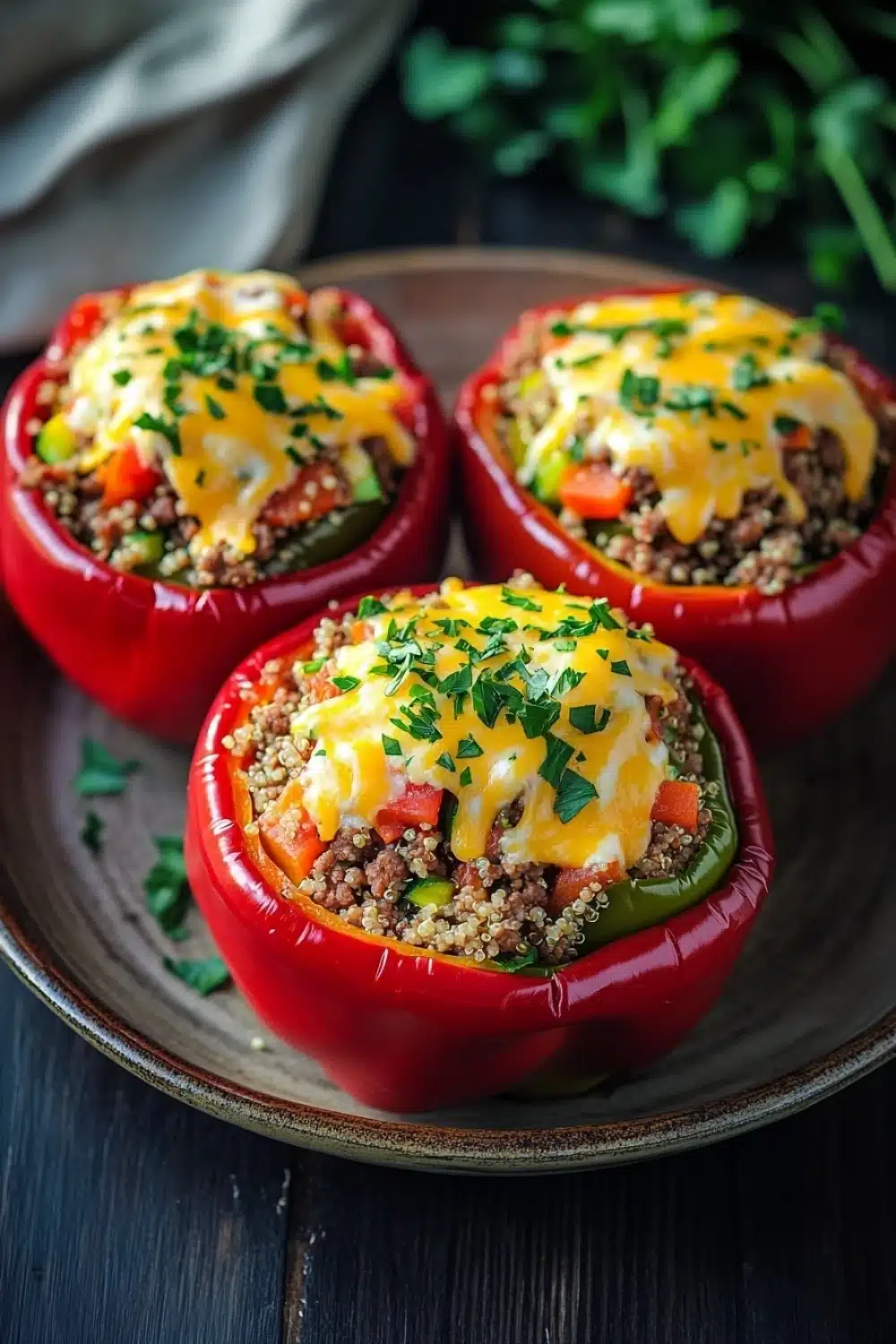 Stuffed bell peppers low fodmap - the image shows three red bell peppers on a brown plate. the peppers are stuffed with a mixture of ground beef, tomato sauce, and other ingredients. the top of the peppers is covered in melted cheese and garnished with chopped parsley. the plate is sitting on a dark wooden table with a few sprigs of parsley scattered around. the background is blurred, but it appears to be a kitchen countertop.