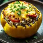 Stuffed bell peppers on grill - the image shows a close-up of a stuffed yellow bell pepper on a black plate. the bell pepper is stuffed with a mixture of rice, meat, and vegetables, and is topped with melted cheese and fresh herbs. the plate is garnished with a sprig of parsley. the background is blurred, but it appears to be a kitchen countertop with a wooden cutting board and some green herbs.