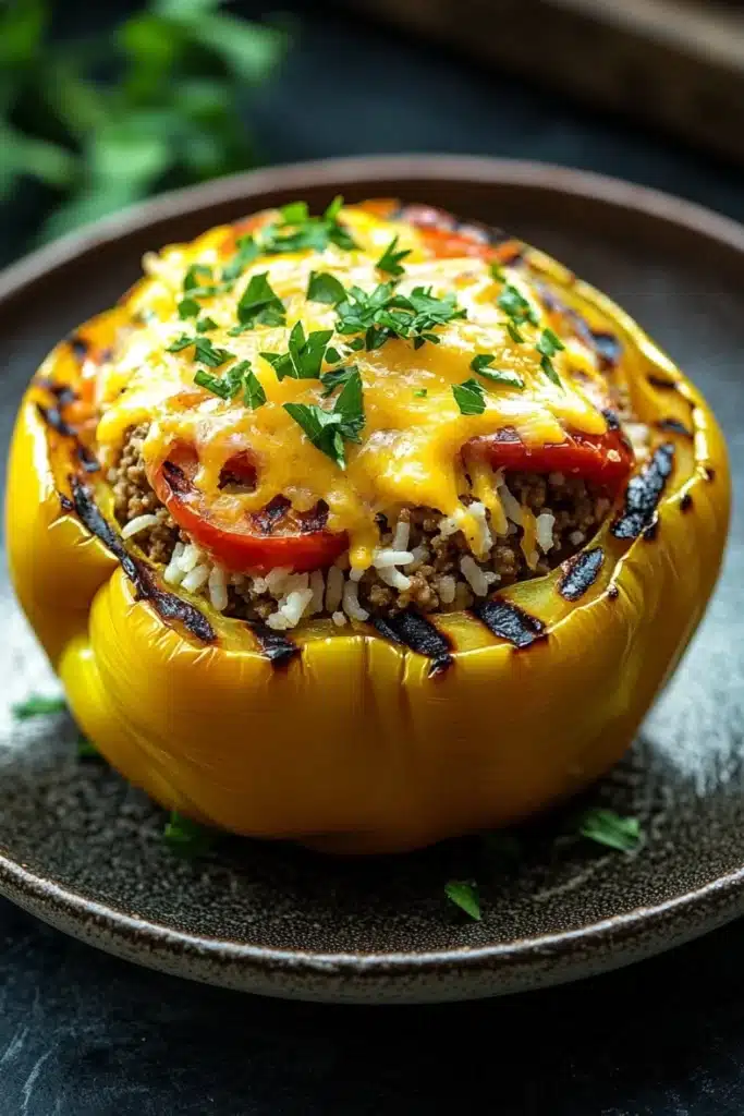 Stuffed bell peppers on grill - the image shows a close-up of a stuffed yellow bell pepper on a black plate. the bell pepper is stuffed with a mixture of rice, meat, and vegetables, and is topped with melted cheese and fresh herbs. the plate is garnished with a sprig of parsley. the background is blurred, but it appears to be a kitchen countertop with a wooden cutting board and some green herbs.