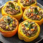 Stuffed bell peppers paleo - the image shows a plate of stuffed bell peppers. the bell peppers are yellow in color and are arranged in a circular pattern on a dark grey plate. each bell pepper is filled with a mixture of ground meat, vegetables, and herbs. the meat appears to be cooked and has a golden brown color. the vegetables include carrots, bell peppers, and onions. the herbs are scattered throughout the dish, adding a pop of green color to the plate. in the background, there is a sprig of fresh parsley.