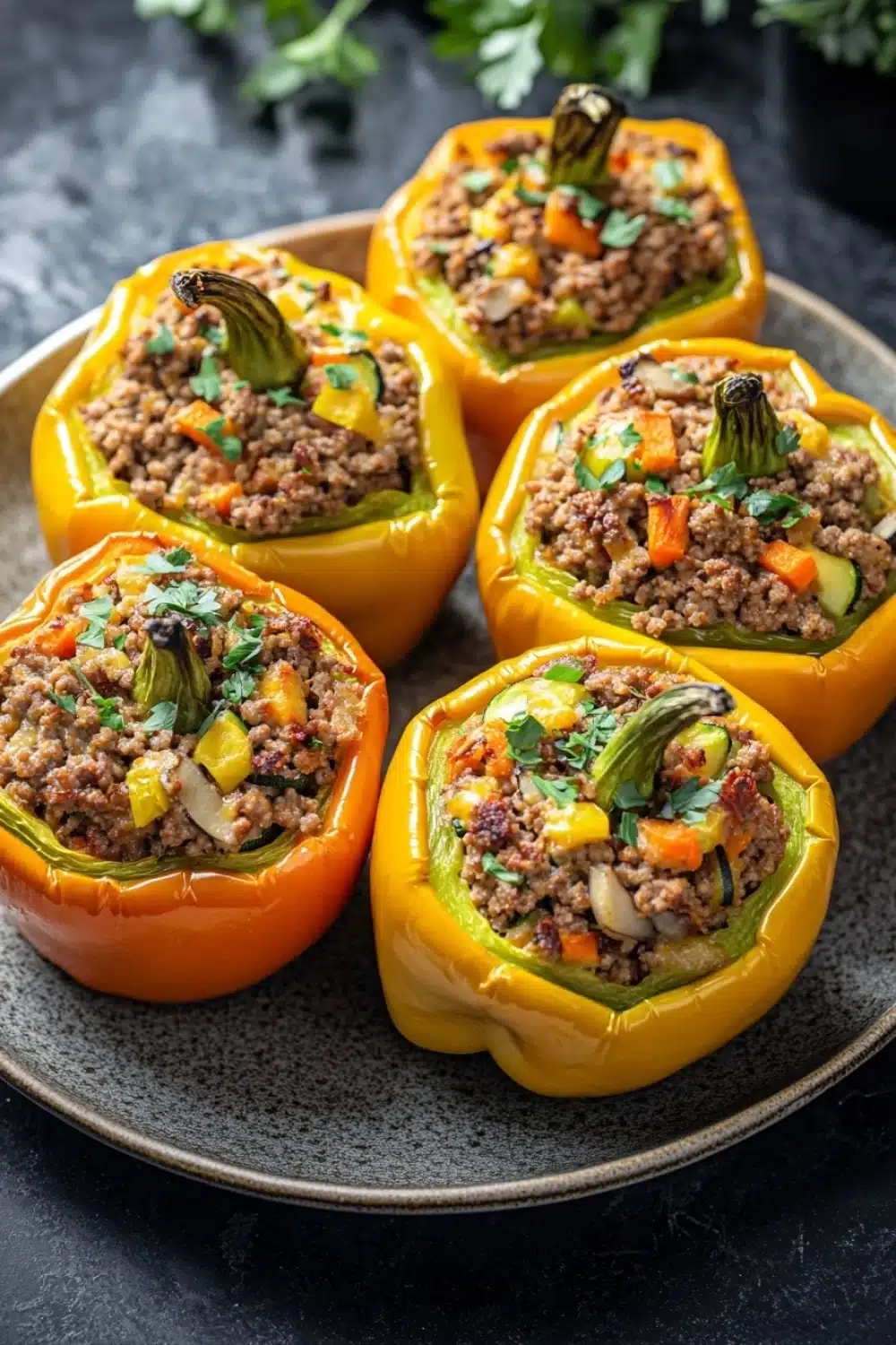 Stuffed bell peppers paleo - the image shows a plate of stuffed bell peppers. the bell peppers are yellow in color and are arranged in a circular pattern on a dark grey plate. each bell pepper is filled with a mixture of ground meat, vegetables, and herbs. the meat appears to be cooked and has a golden brown color. the vegetables include carrots, bell peppers, and onions. the herbs are scattered throughout the dish, adding a pop of green color to the plate. in the background, there is a sprig of fresh parsley.