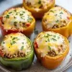 Stuffed bell peppers pioneer woman - the image shows a plate of stuffed bell peppers. the bell peppers are arranged in a circular pattern on a white marble countertop. each bell pepper is filled with a mixture of ground meat, cheese, and herbs. the cheese is melted and bubbly, and the herbs are scattered around the plate. the peppers are bright yellow in color and appear to be freshly cooked.