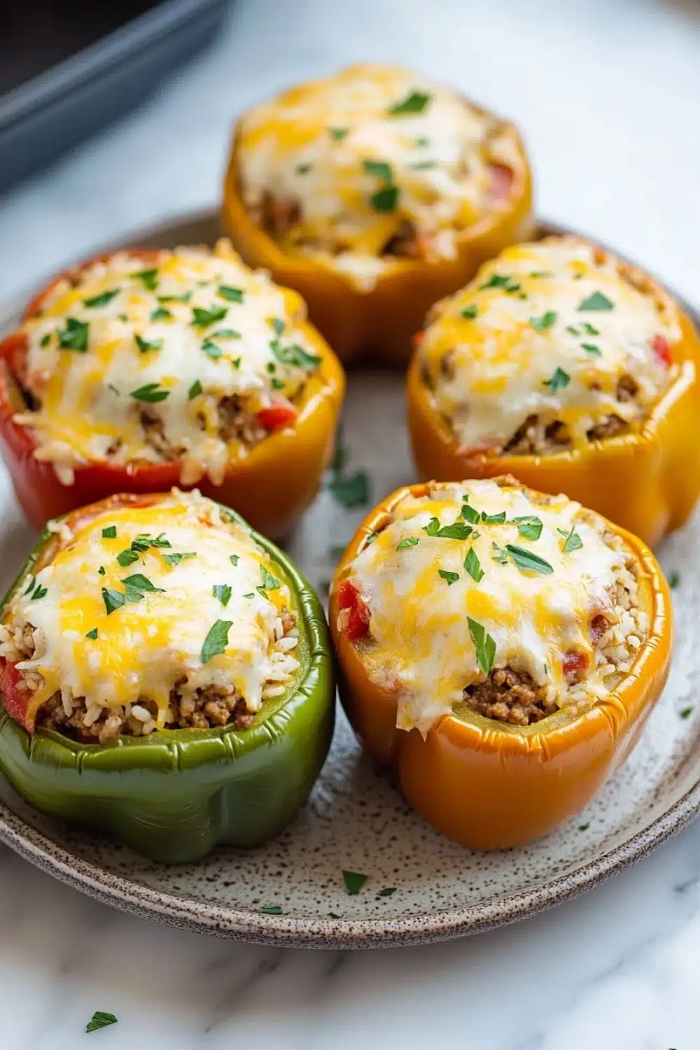 Stuffed bell peppers pioneer woman - the image shows a plate of stuffed bell peppers. the bell peppers are arranged in a circular pattern on a white marble countertop. each bell pepper is filled with a mixture of ground meat, cheese, and herbs. the cheese is melted and bubbly, and the herbs are scattered around the plate. the peppers are bright yellow in color and appear to be freshly cooked.