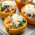 Stuffed bell peppers ricotta - the image shows four stuffed bell peppers on a white plate. the bell peppers are yellow in color and have a crispy texture. they are filled with a mixture of quinoa, tomato, and spinach, and topped with melted cheese. the plate is sitting on a marble countertop and there is a baking tray in the background.